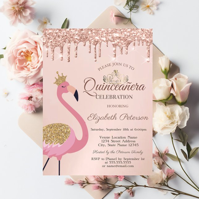Pink Flamingo,Tiara, Rose Gold Drips Quinceañera Invitation (Creator Uploaded)