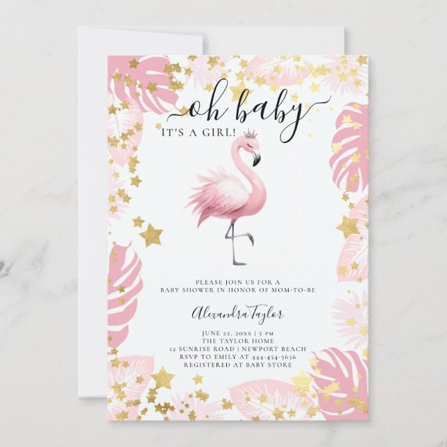 Pink Flamingo Tiara Star Tropical Girl Baby Shower Invitation (Front)