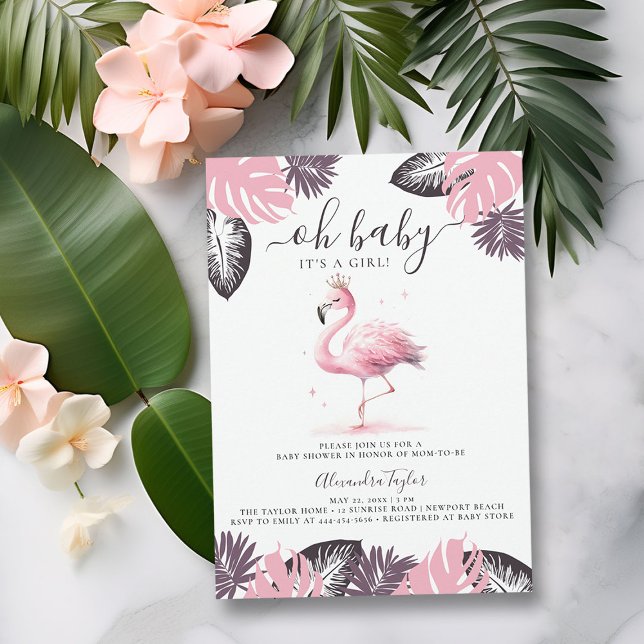 Pink Flamingo Tiara Tropical Chic Girl Baby Shower Invitation (pink flamingo baby girl shower invitation cute watercolor tropical invite purple blush summmer fun)