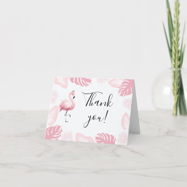 Pink Flamingo Tiara Tropical Leaf Elegant Modern Thank You Card (Front)