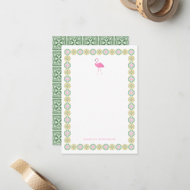 Pink Flamingo Tiles Personal Stationery Note cards (Front/Back In Situ)