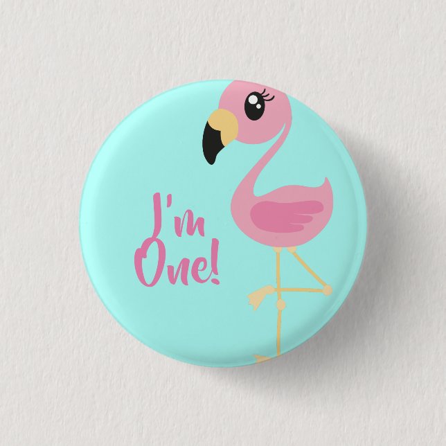 Pink Flamingo Tropical 1st Birthday Button Pin (Front)