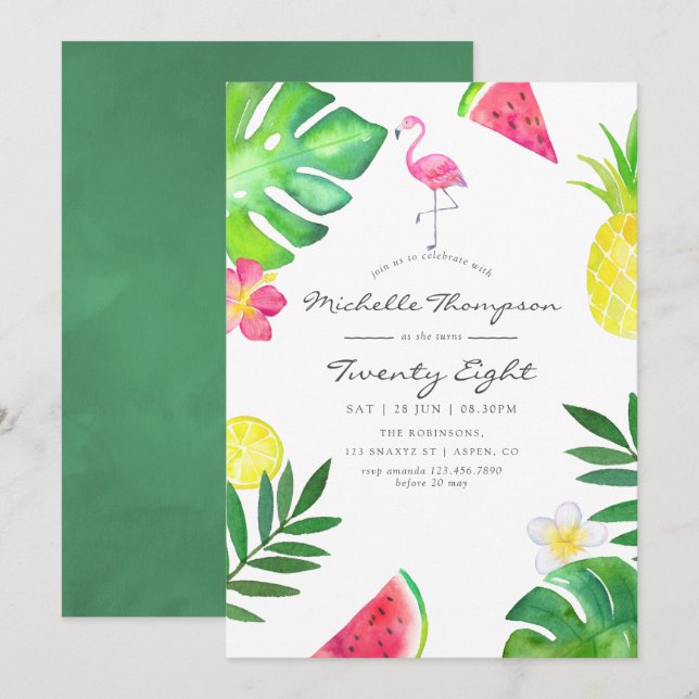 Pink Flamingo Tropical Any Age Birthday Party Invitation (Front/Back)