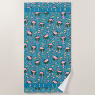 Pink Flamingo Tropical Art Deco Retro Blue Custom Beach Towel