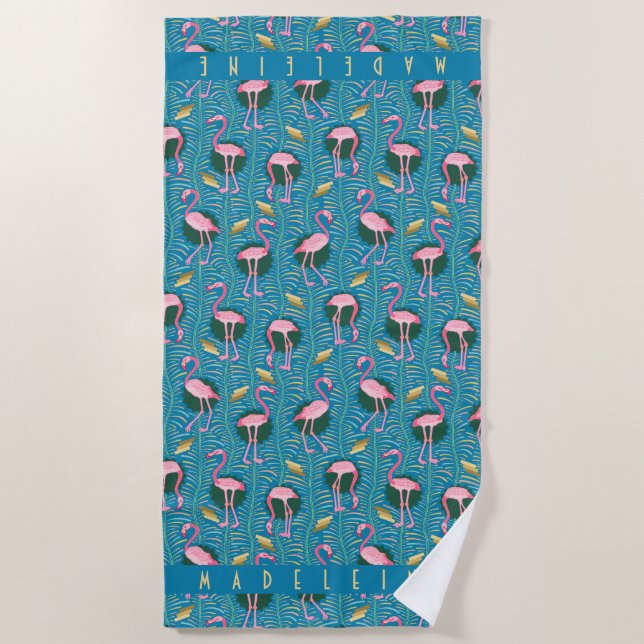 Pink Flamingo Tropical Art Deco Retro Blue Custom Beach Towel (Front)