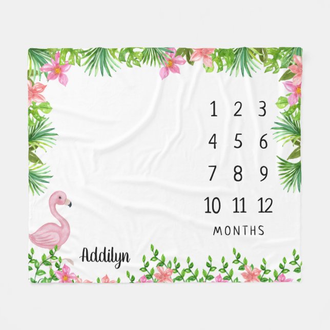 Pink Flamingo  Tropical Baby Milestone Fleece Blanket (Front (Horizontal))