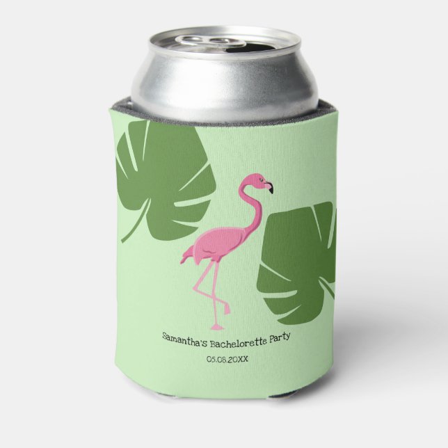 Pink Flamingo Tropical Bachelorette custom Can Cooler (Can Back)