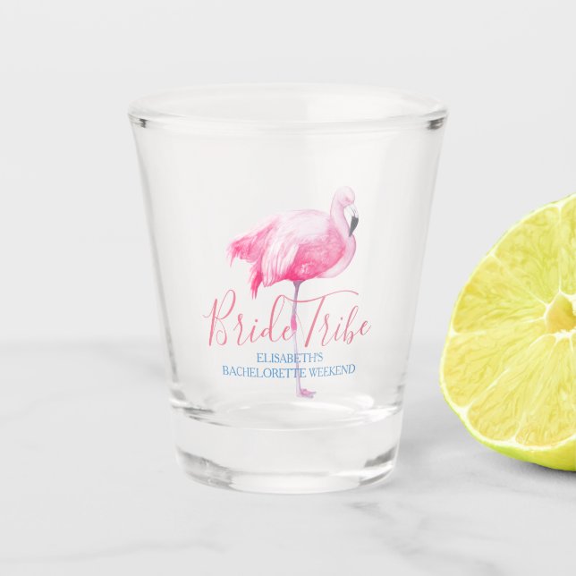 Pink flamingo tropical bachelorette party shot glass (Front)