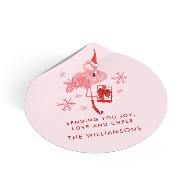 Pink Flamingo Tropical Beach Christmas Watercolor Classic Round Sticker (Pink Flamingo Tropical Beach Christmas Watercolor Classic Round Sticker)