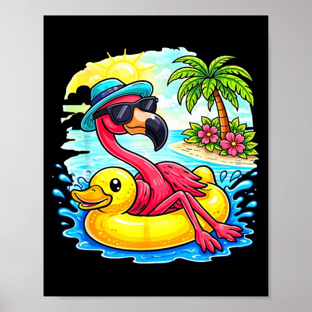 Pink Flamingo Tropical Beach Vibes Palm Tree Poster (Front)