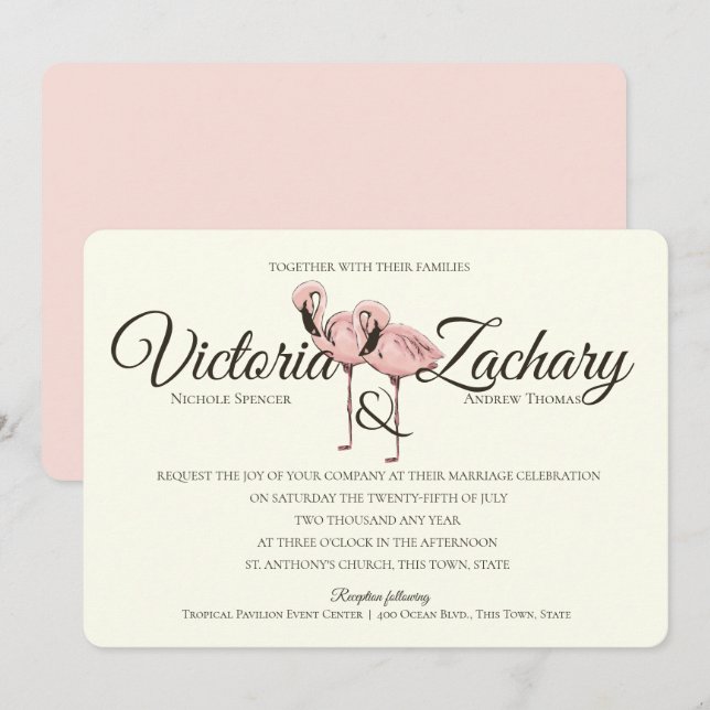 Pink Flamingo Tropical Beach Wedding Invitation (Front/Back)