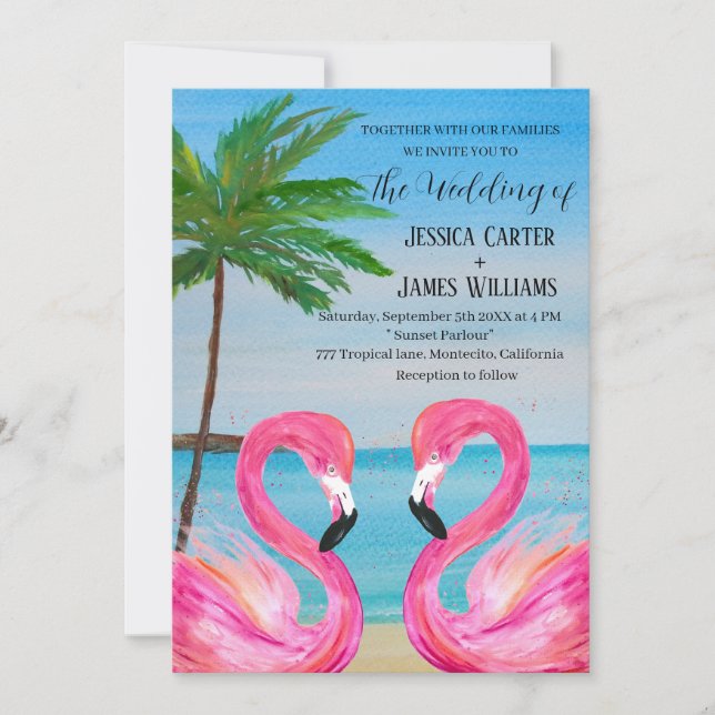 Pink Flamingo Tropical Beach Wedding Invitation (Front)