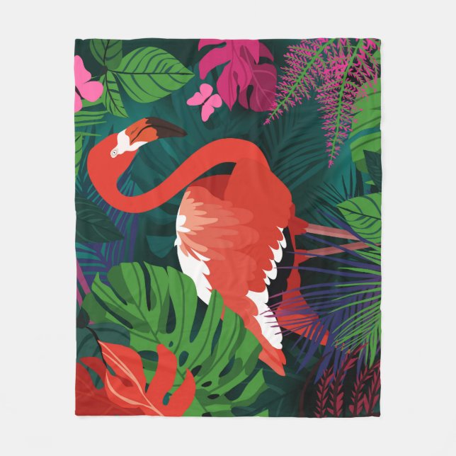 Pink Flamingo: Tropical Butterfly Harmony. Fleece Blanket (Front)
