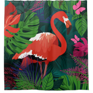 Pink Flamingo: Tropical Butterfly Harmony. Shower Curtain
