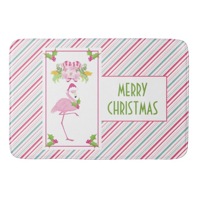 Pink Flamingo Tropical Christmas Bath Mat (Front)
