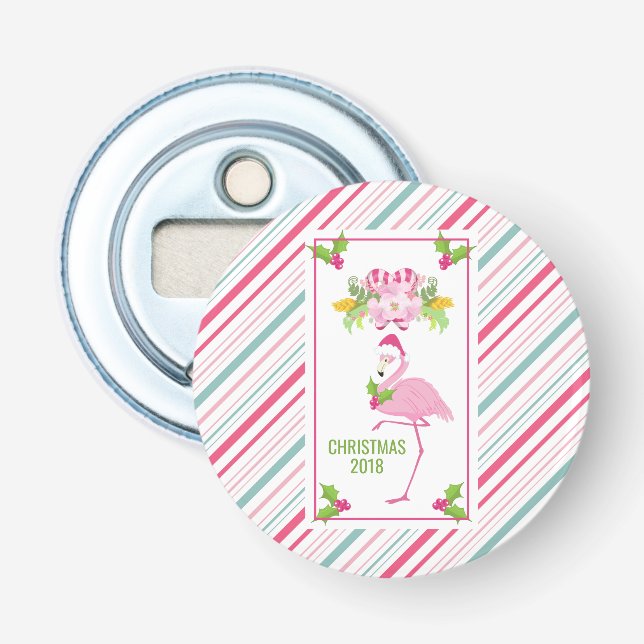 Pink Flamingo Tropical Christmas Bottle Opener (Front)