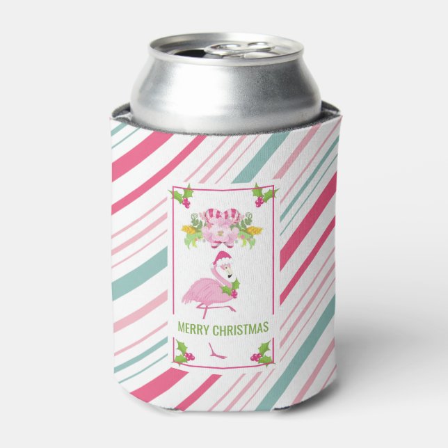 Pink Flamingo Tropical Christmas Can Cooler (Can Front)