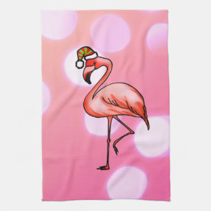 Pink Flamingo Tropical Christmas Holiday Tea Towel