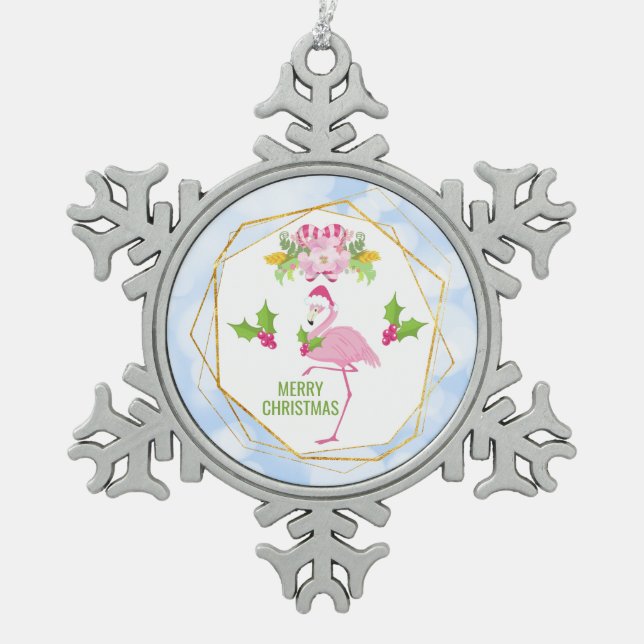 Pink Flamingo Tropical Christmas Snowflake Pewter Christmas Ornament (Front)