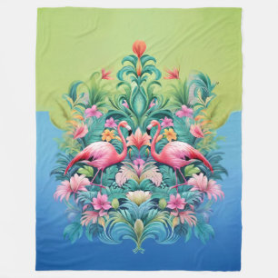 Pink Flamingo Tropical Coastal Foliage Fleece Blanket