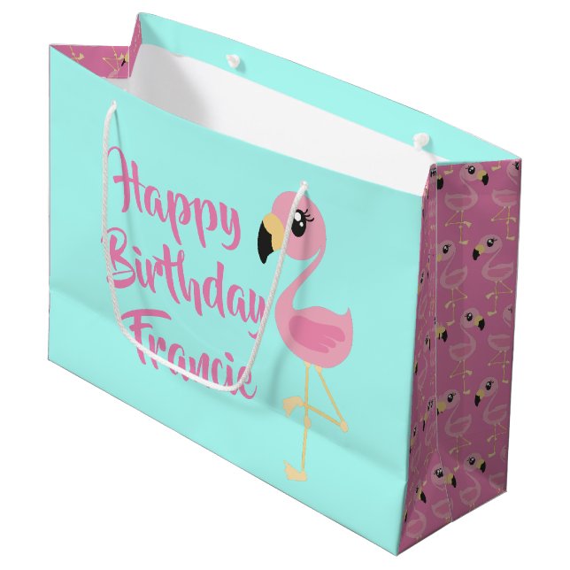 Pink Flamingo Tropical Cute 1st Birthday Large Gift Bag (Front Angled)