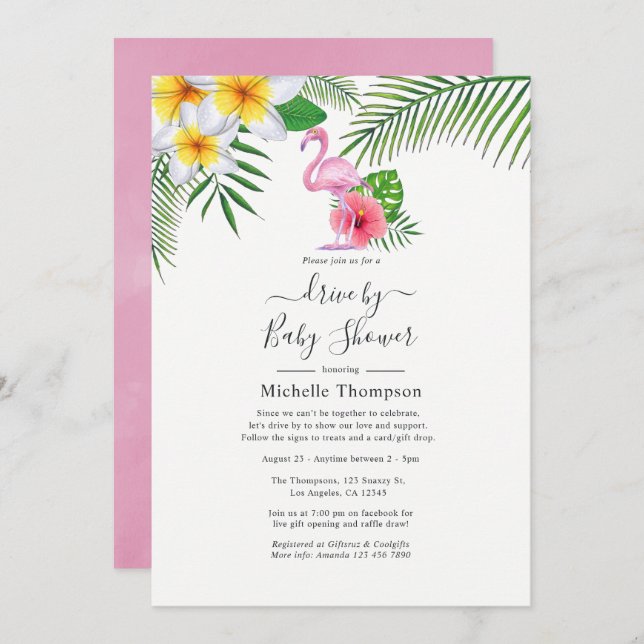 Pink Flamingo Tropical Drive By Shower Invitation (Front/Back)