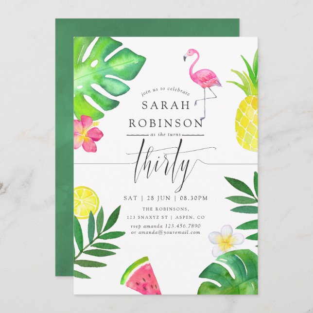Pink Flamingo Tropical Exotic 30th Birthday Party Invitation (Front/Back)