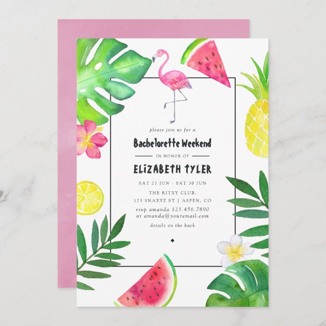 Pink Flamingo Tropical Exotic Bachelorette Weekend Invitation (Front/Back)