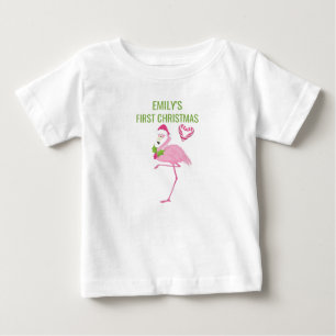 Pink Flamingo Tropical First Christmas Baby T-Shirt