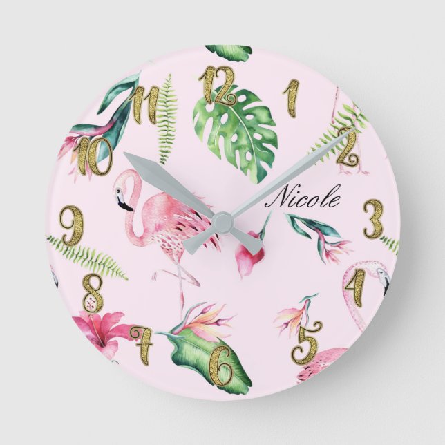 Pink Flamingo & Tropical Floral Leaves Custom Round Clock (Front)