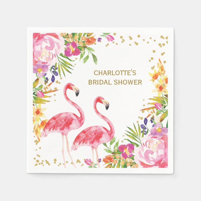 Pink Flamingo Tropical Floral Shower Paper Napkin (Front)