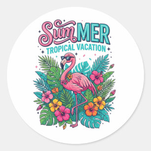 Pink Flamingo Tropical Floral - summer vacation  Classic Round Sticker