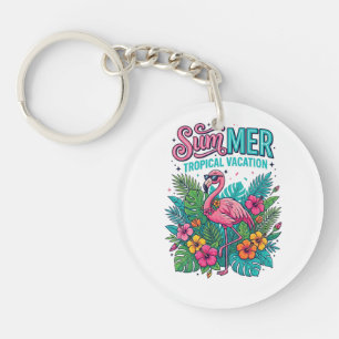 Pink Flamingo Tropical Floral - summer vacation  Key Ring