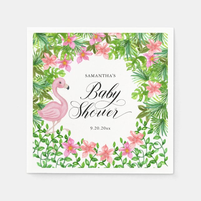 Pink Flamingo Tropical Flowers Baby Shower Napkin (Front)