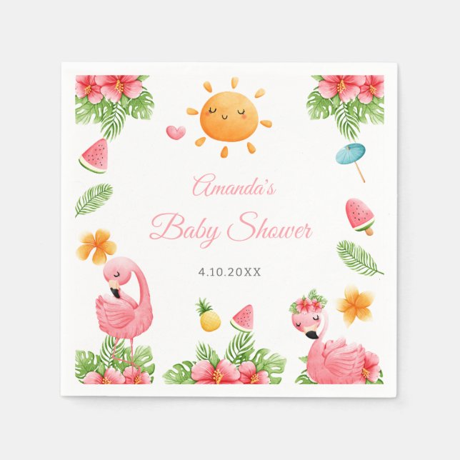 Pink Flamingo Tropical Flowers Baby Shower Napkins (Front)