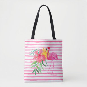 Pink Flamingo Tropical Flowers Beach Bag