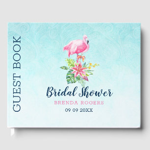 Pink flamingo tropical flowers bouquet guest book
