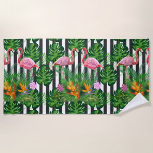 Pink Flamingo Tropical Flowers Dark Grunge Stripe  Beach Towel