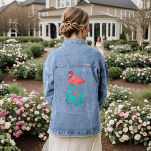 Pink Flamingo Tropical Flowers Denim Jacket