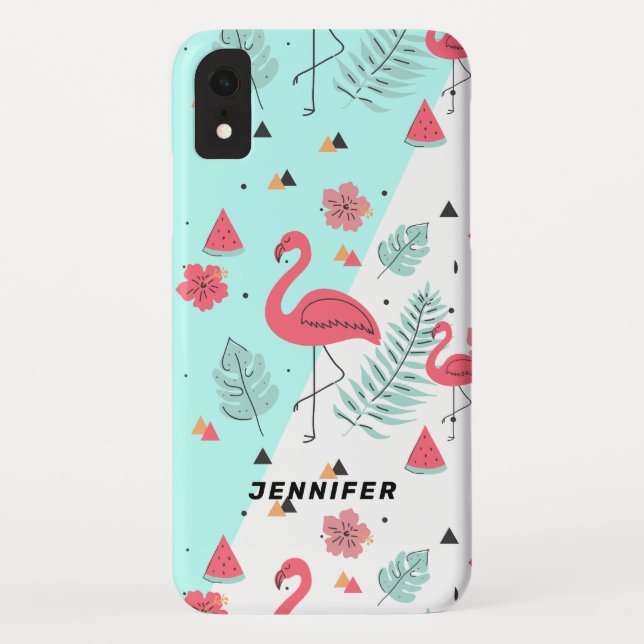 Pink flamingo tropical flowers & leaves Case-Mate iPhone case (Back)
