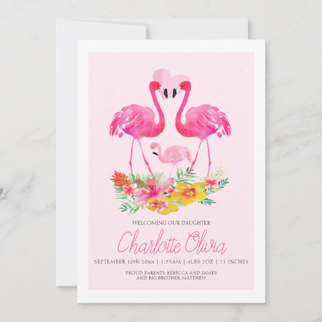 Pink Flamingo Tropical Flowers New Baby Announcement (Front)