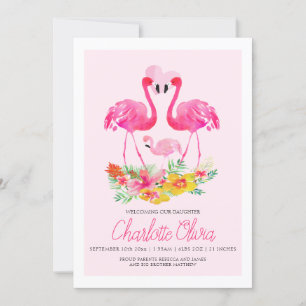 Pink Flamingo Tropical Flowers New Baby Announcement