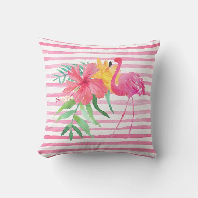 Pink Flamingo Tropical Flowers Outdoor Pillow (Front)