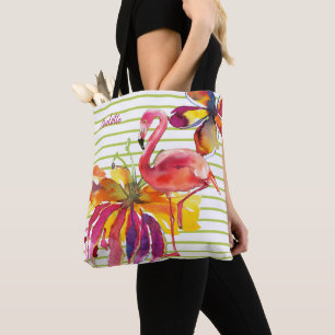 Pink Flamingo Tropical Flowers Personalised Tote Bag