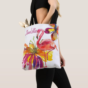 Pink Flamingo Tropical Flowers Personalised  Tote Bag