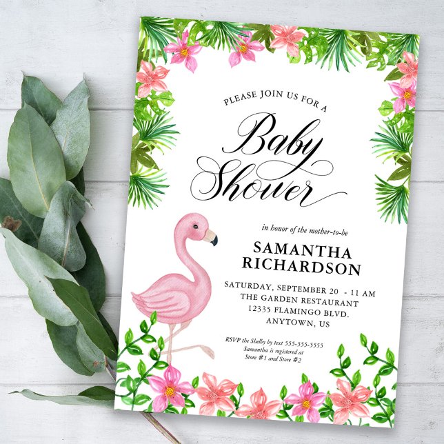 Pink Flamingo Tropical Flowers Script Baby Shower Invitation (Creator Uploaded)