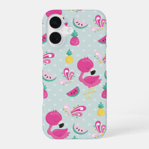 Pink Flamingo & Tropical Fruits Pattern iPhone 16 Case