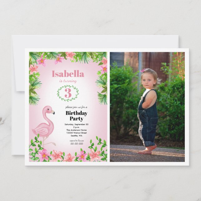 Pink Flamingo Tropical Girl's Birthday Photo Invitation (Front)