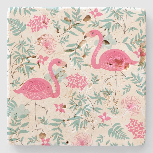 Pink flamingo tropical greenery stone coaster (Front)