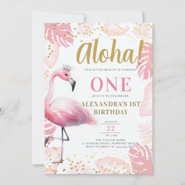 Pink Flamingo Tropical Hawaii Aloha 1st Birthday Invitation (Front)